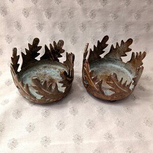 Pair of Metal Leaf Candeholders for Pillar Candles